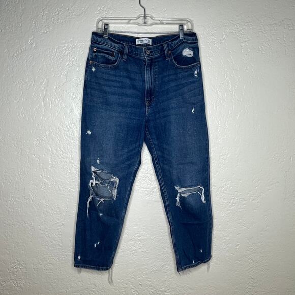 Abercrombie & Fitch Women's The Mom High Rise Ripped Raw Hem Jeans 30/10R - Picture 1 of 8